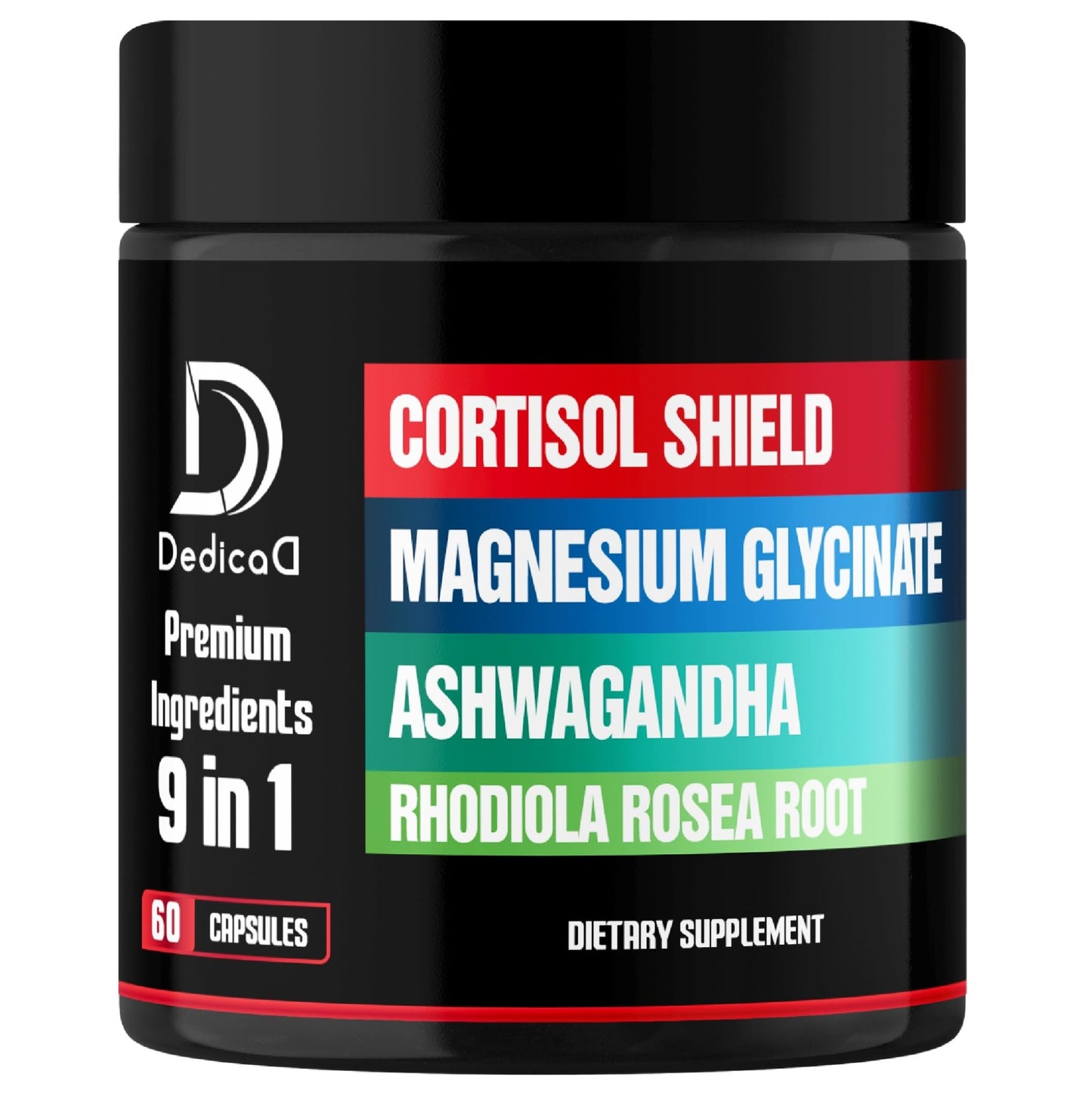 DEDICAD 9in1 Cortisol Shield - Magnesium Glycinate & Ashwagandha with Rhodiola, Phosphatidylserine, Passion Flower, L-Theanine, Apigenin, Licorice, Magnolia - Rest Well & Mood Balance - 60 Count - dailyvitalstore