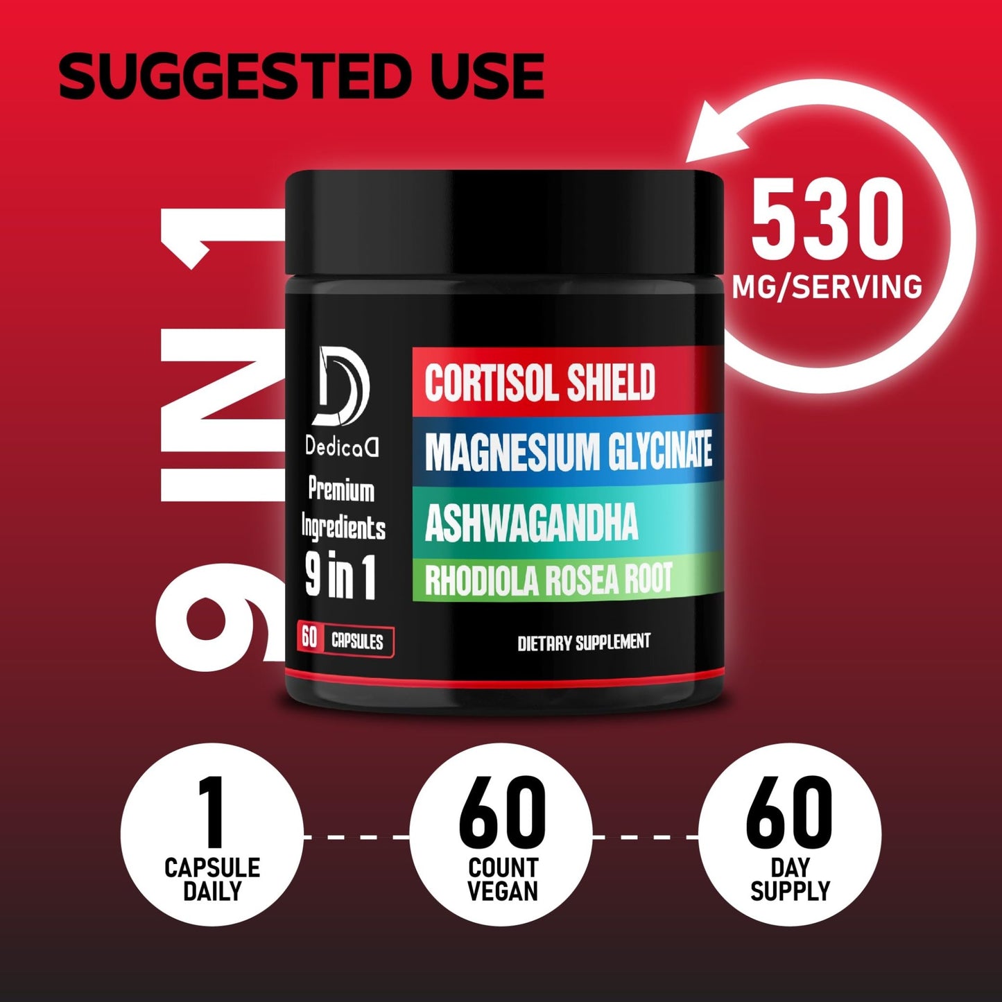 DEDICAD 9in1 Cortisol Shield - Magnesium Glycinate & Ashwagandha with Rhodiola, Phosphatidylserine, Passion Flower, L-Theanine, Apigenin, Licorice, Magnolia - Rest Well & Mood Balance - 60 Count - dailyvitalstore