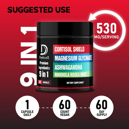 DEDICAD 9in1 Cortisol Shield - Magnesium Glycinate & Ashwagandha with Rhodiola, Phosphatidylserine, Passion Flower, L-Theanine, Apigenin, Licorice, Magnolia - Rest Well & Mood Balance - 60 Count - dailyvitalstore