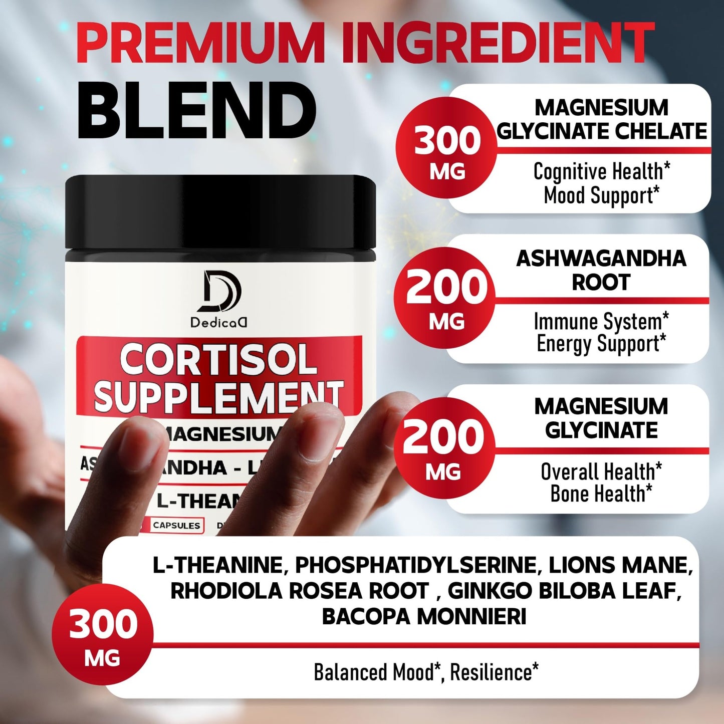 DEDICAD 9in1 Cortisol Supplement - Ashwagandha and Magnesium Glycinate and Chelate - Brain Health & Restful Night & Mood Balance - 90 Capsules Supply 45 Days - dailyvitalstore