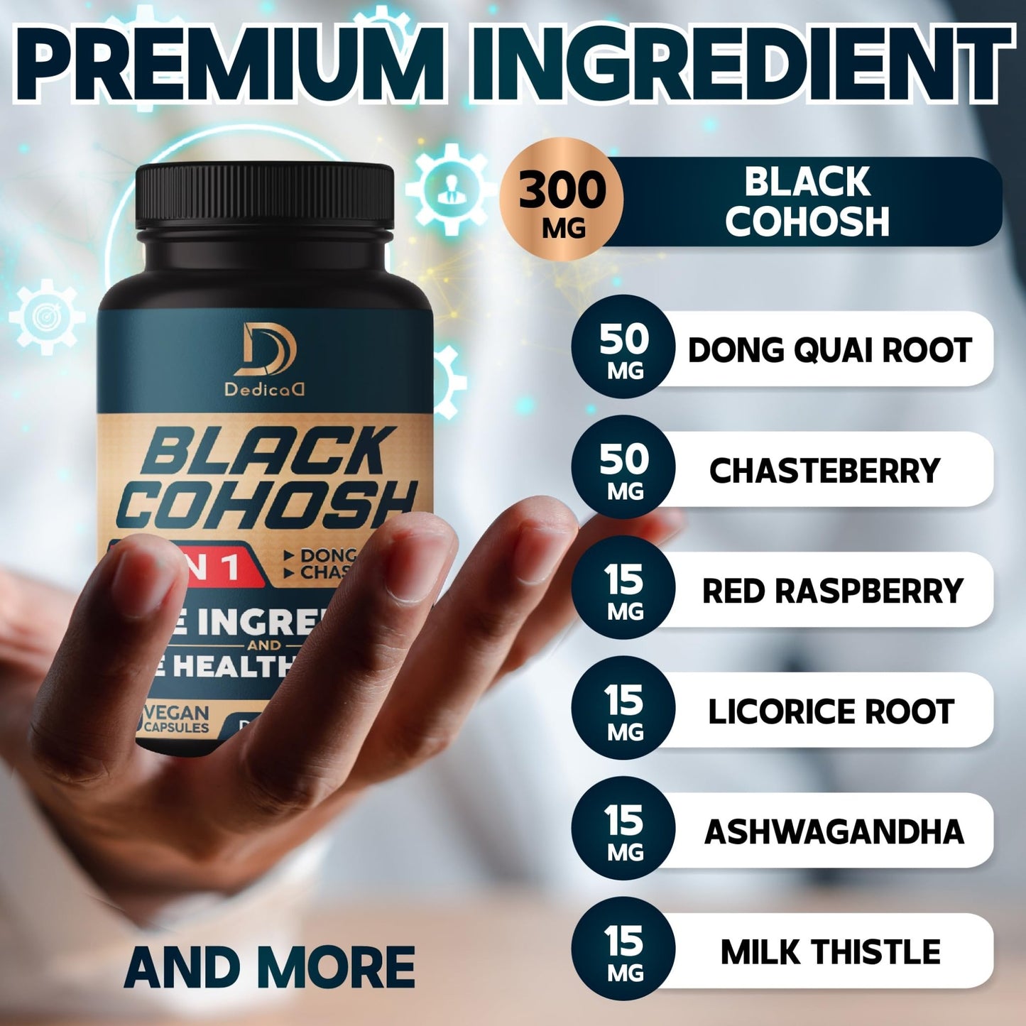DEDICAD Black Cohosh Supplement - 3 Months for Menopause & Immune Health - Blend of 12 Potent Herb Includes Dong Quai, Chasteberry, Wild Yam, Red Clover, Black Pepper & Others - 90 Vegan Capsules - dailyvitalstore