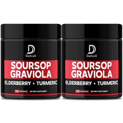 DEDICAD Graviola Soursop Leaves Capsules - 2 Packs 50 Capsules for 100-Day Supply - 11in1 Extract with Elderberry, Turmeric, Ginger, Milk Thistle, Cranberry & More - Support Mood, Immune & Body Health - dailyvitalstore