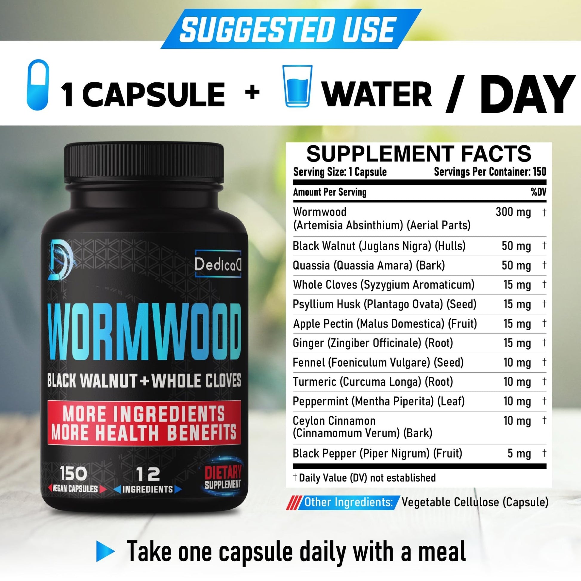DEDICAD Premium Wormwood Extract Capsules - 5 Month Supply for Immune - 12 Herbs Blended with Black Walnut Leaves, Ginger, Turmeric & More - 150 Counts - dailyvitalstore