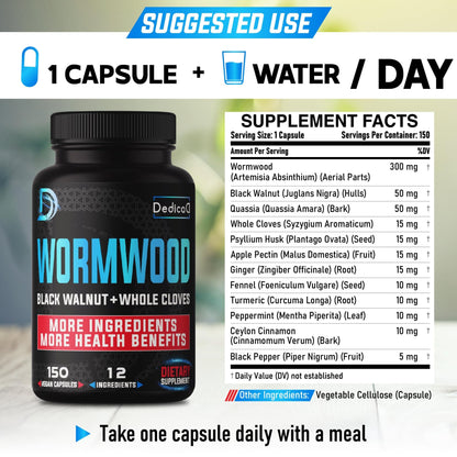 DEDICAD Premium Wormwood Extract Capsules - 5 Month Supply for Immune - 12 Herbs Blended with Black Walnut Leaves, Ginger, Turmeric & More - 150 Counts - dailyvitalstore