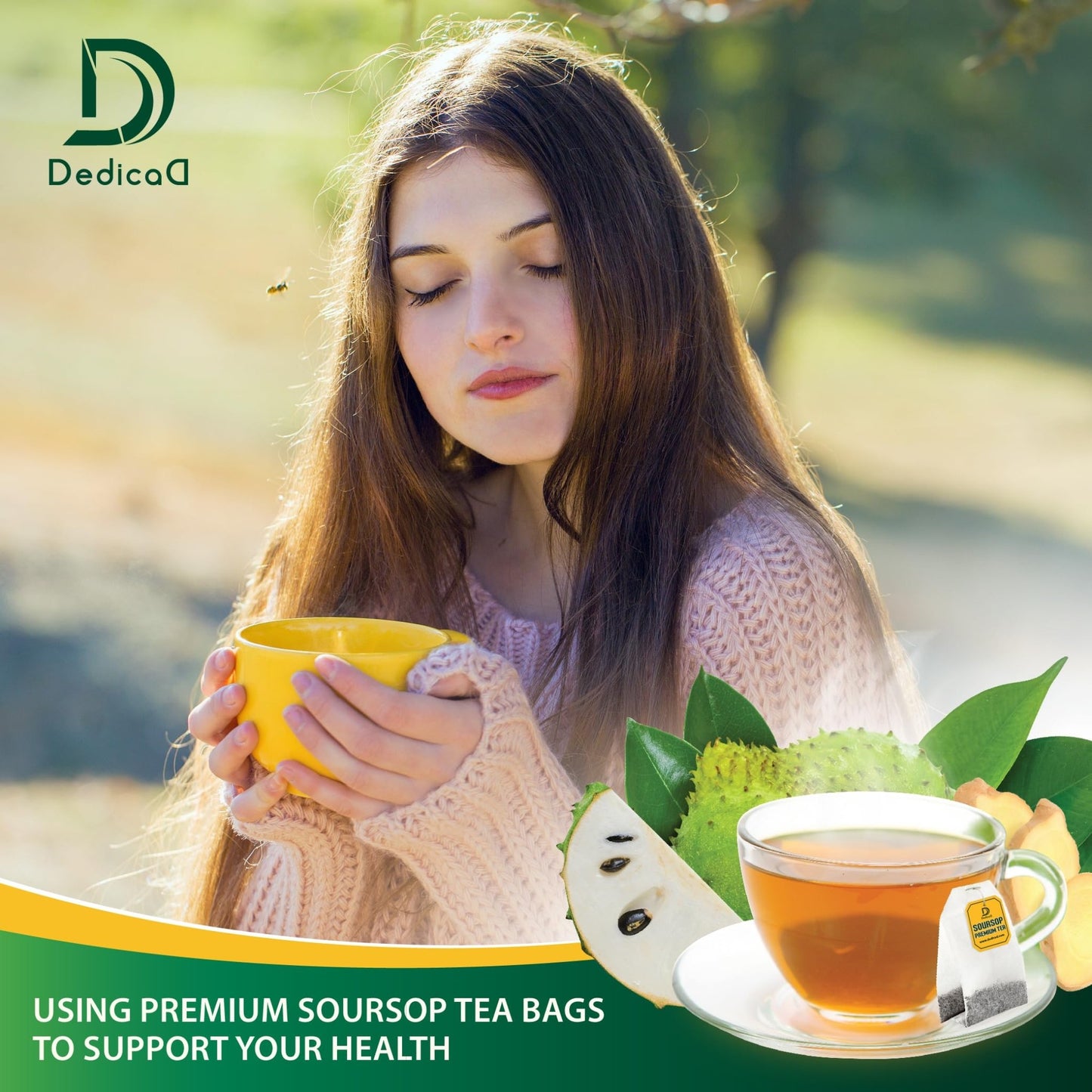 DEDICAD Soursop Leaves Tea Bags with Ginger, 30 Tea bags, 2gr/bag - Non-GMO/Caffeine free - Support Digestion, Well Skin, Immune System - dailyvitalstore