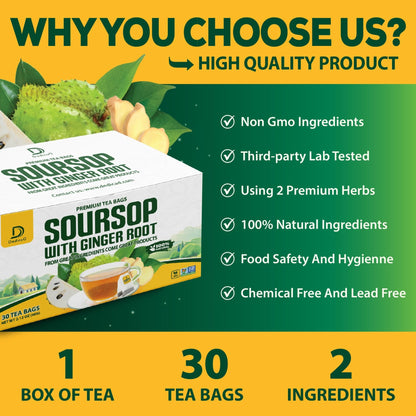 DEDICAD Soursop Leaves Tea Bags with Ginger, 30 Tea bags, 2gr/bag - Non-GMO/Caffeine free - Support Digestion, Well Skin, Immune System - dailyvitalstore