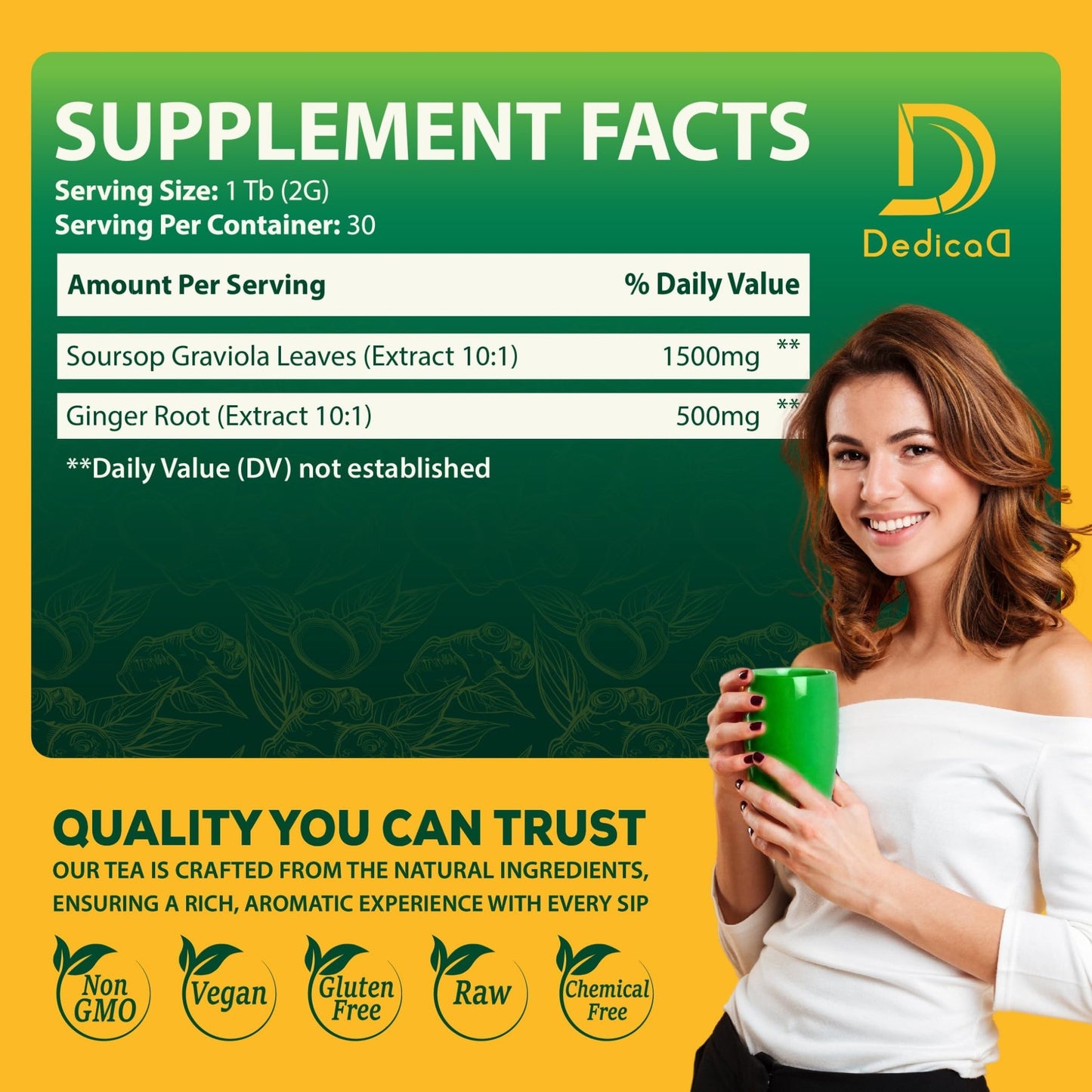 DEDICAD Soursop Leaves Tea Bags with Ginger, 30 Tea bags, 2gr/bag - Non-GMO/Caffeine free - Support Digestion, Well Skin, Immune System - dailyvitalstore