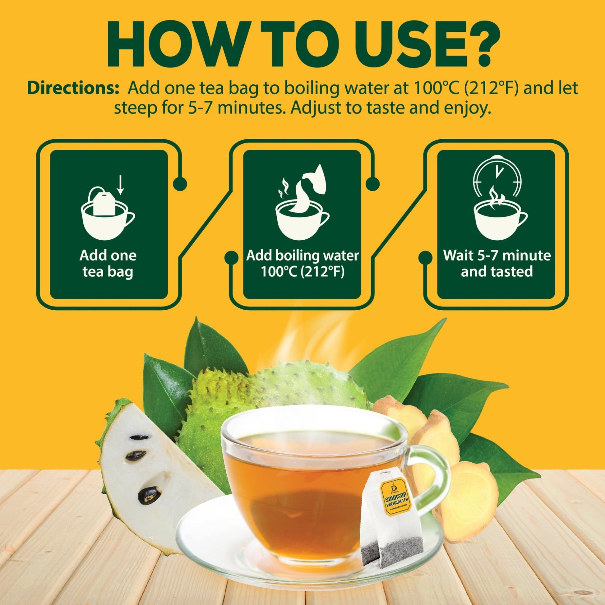 DEDICAD Soursop Leaves Tea Bags with Ginger, 30 Tea bags, 2gr/bag - Non-GMO/Caffeine free - Support Digestion, Well Skin, Immune System - dailyvitalstore