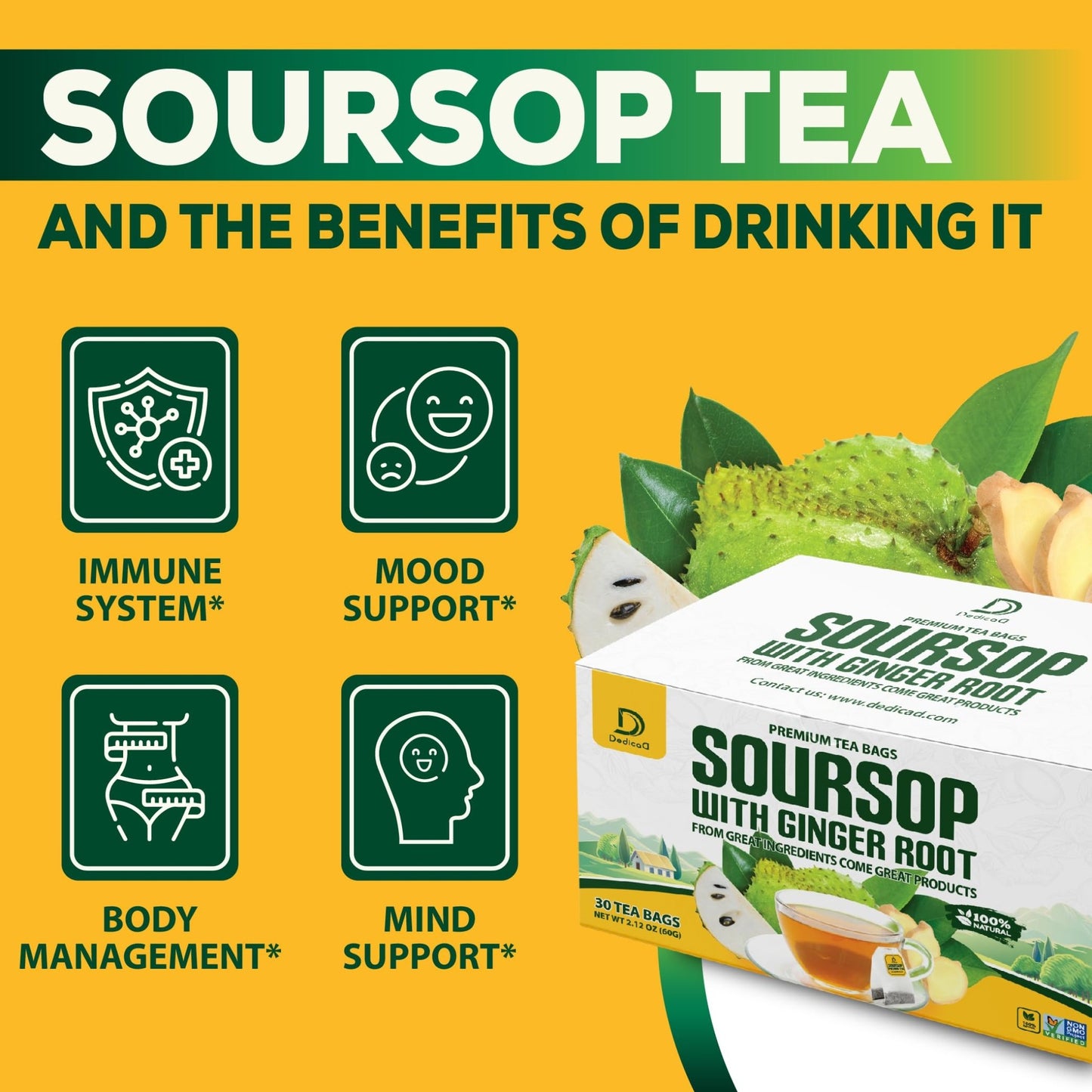 DEDICAD Soursop Leaves Tea Bags with Ginger, 30 Tea bags, 2gr/bag - Non-GMO/Caffeine free - Support Digestion, Well Skin, Immune System - dailyvitalstore