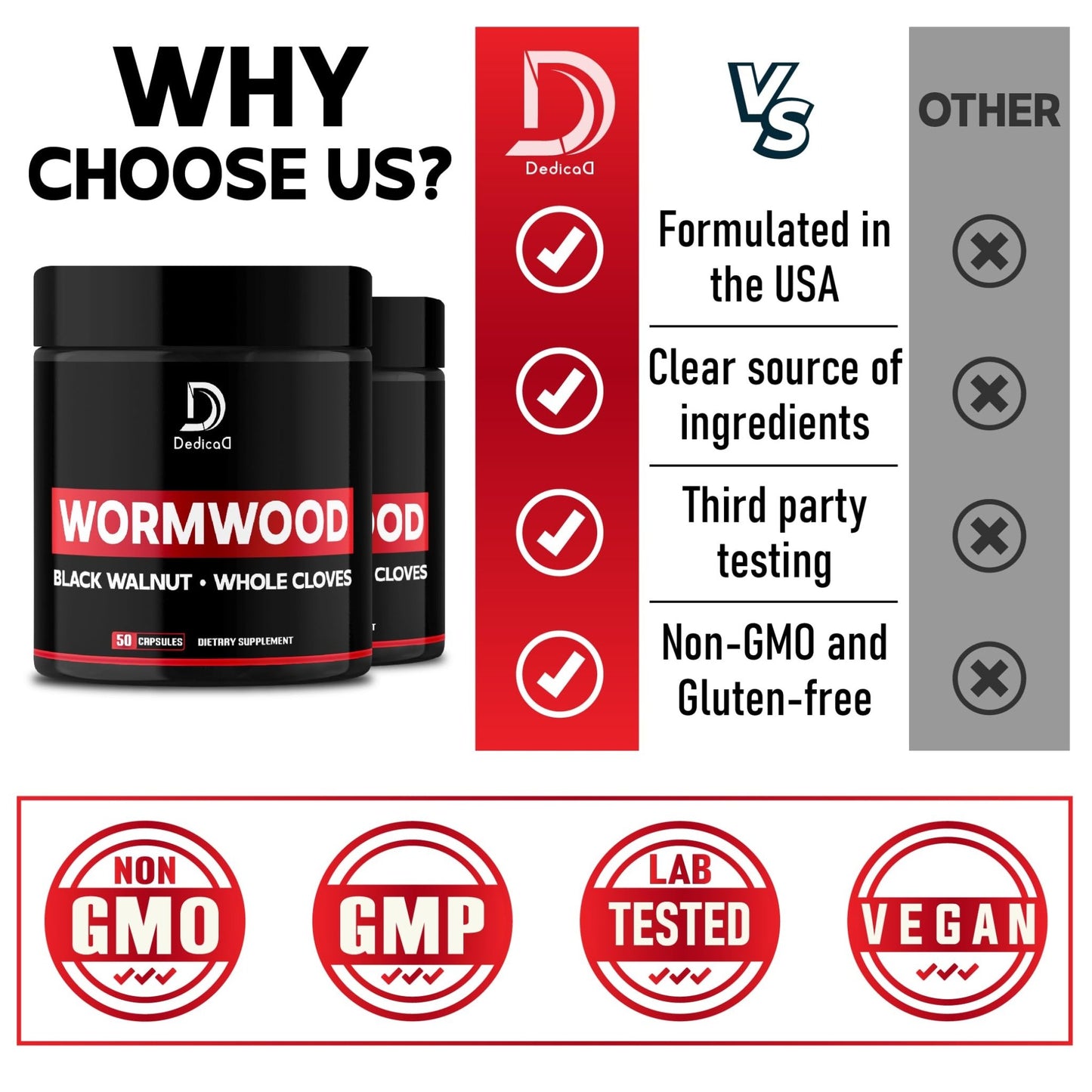 DEDICAD Wormwood Capsules - 12 Herbs Blended Black Walnut, Cloves, Ginger, Turmeric, Cinnamon, Apple, Quassia - 2 Packs 50 Capsules - dailyvitalstore