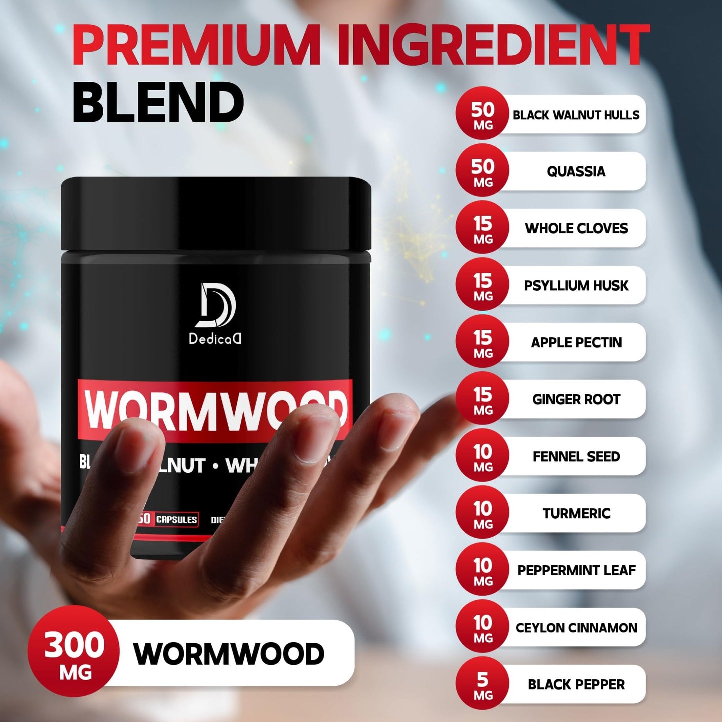 DEDICAD Wormwood Capsules - 12 Herbs Blended Black Walnut, Cloves, Ginger, Turmeric, Cinnamon, Apple, Quassia - 2 Packs 50 Capsules - dailyvitalstore