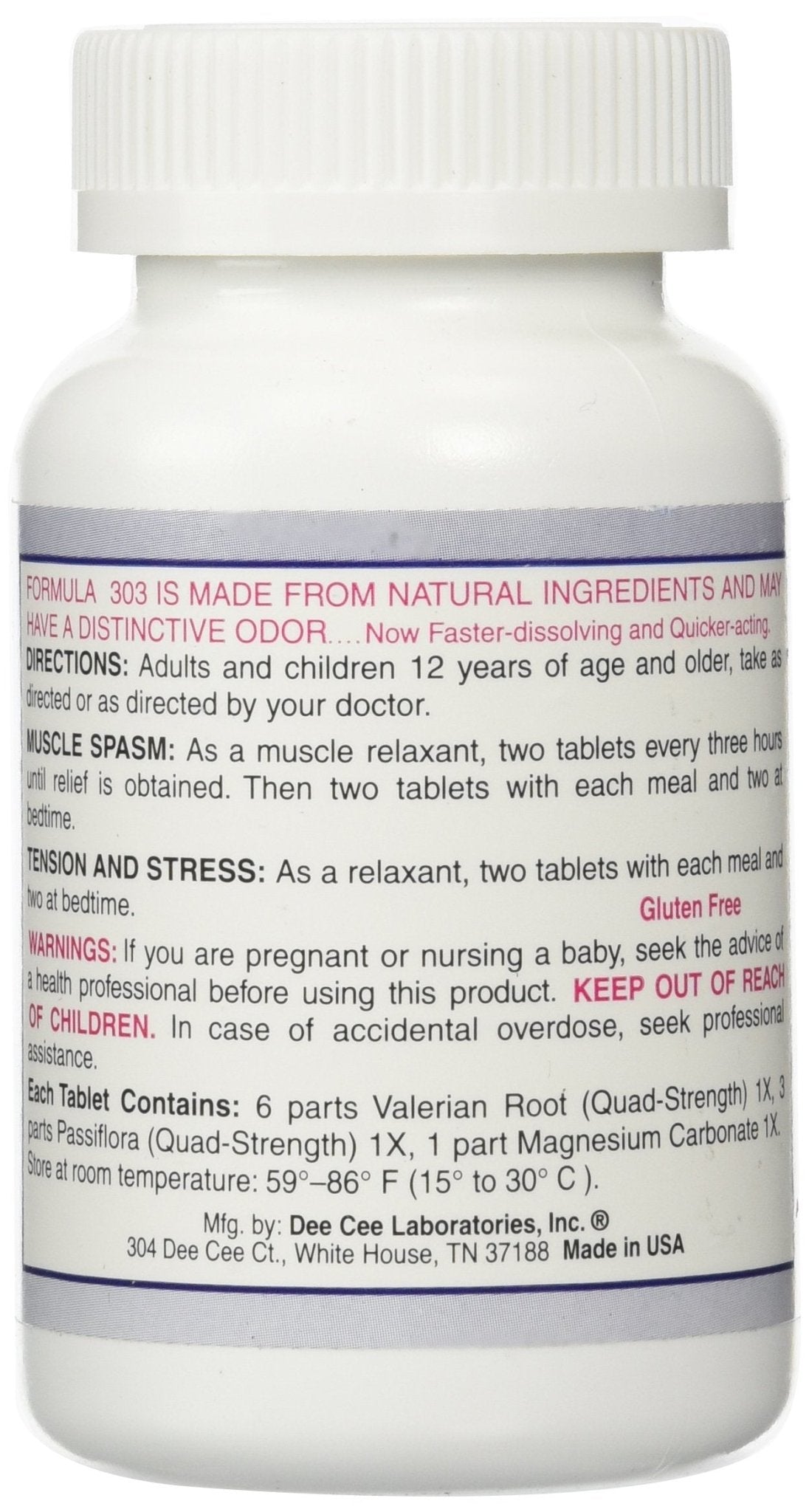 Dee Cee Labs Formula 303 Maximum Strength All-Natural Relaxant Tablets, 250 Tablets; All-Natural Relaxant containing Magnesium for Sore Muscles, Passion Flower, and Valerian Root - dailyvitalstore