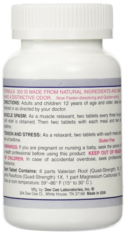 Dee Cee Labs Formula 303 Maximum Strength All-Natural Relaxant Tablets, 250 Tablets; All-Natural Relaxant containing Magnesium for Sore Muscles, Passion Flower, and Valerian Root - dailyvitalstore