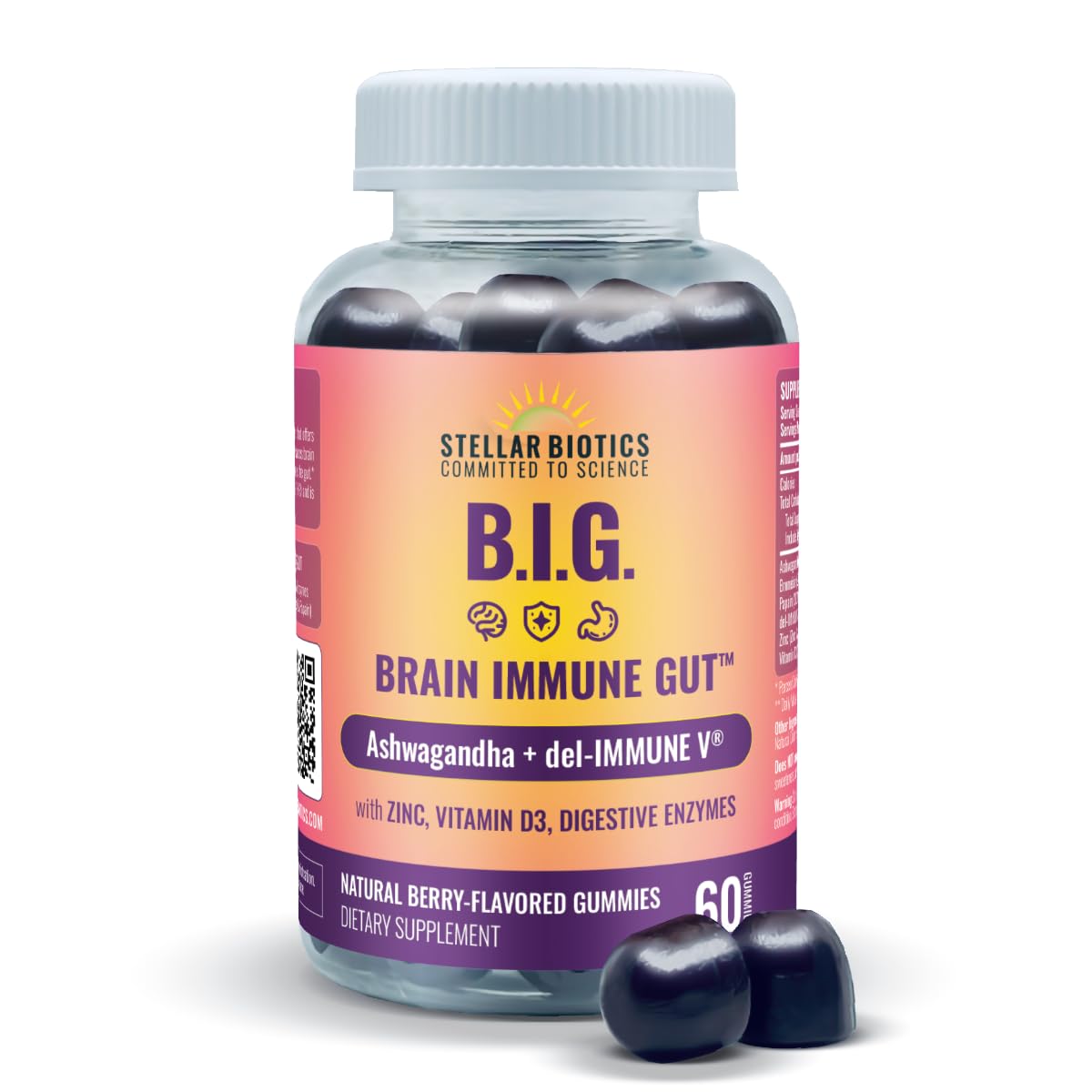 Del-Immune V + Ashwagandha - Brain Immune Gut™ (B.I.G.) Gummy - All Natural Immune & Gut Support with Zinc, Vitamin D3 + Digestive Enzymes (60 Gummies) - dailyvitalstore