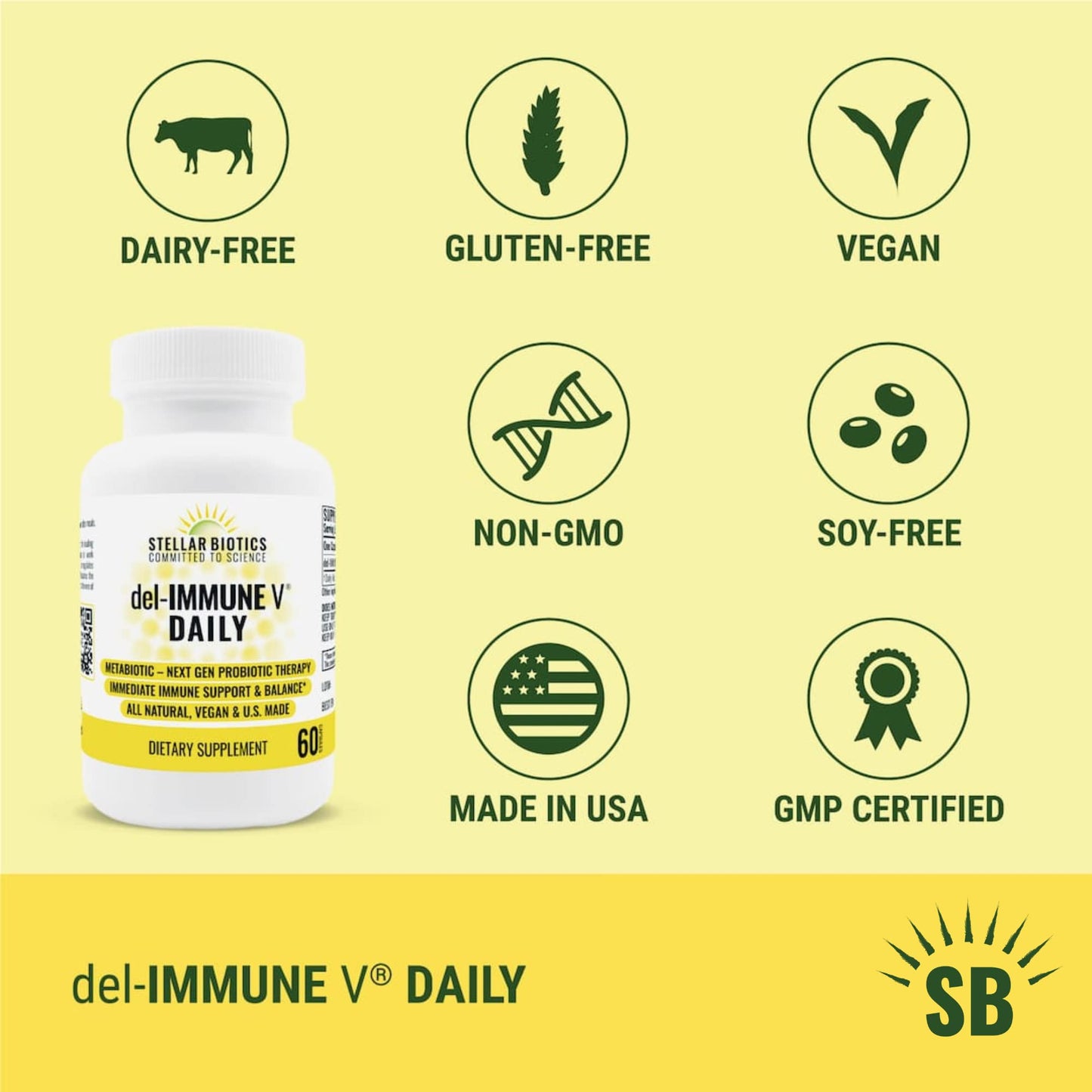 Del-Immune V Daily by Stellar Biotics, All-Natural Immune Support & Gut Health, Immediate Care, Metabiotic: NextGen Probiotic Therapy (60 Caps) - dailyvitalstore