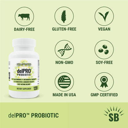 Del-Immune V® + Delpro Probiotic & Prebiotic Blend by Stellar Biotics - Promotes Optimal Gut Health, Digestion, Immune Support & Mood (120 Capsules) - dailyvitalstore