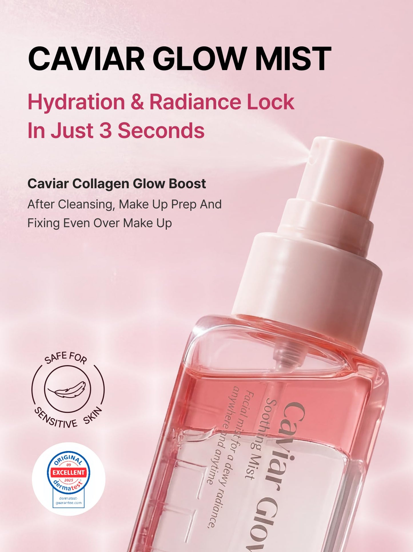 Delere Caviar Glow Soothing Mist | Korean Glass Skin Spray Serum with 5% Caviar & Squalane - Instant 3-Second Radiance & Makeup Setting – Anti-Aging Collagen Booster for Sensitive Skin, 3.4oz - dailyvitalstore