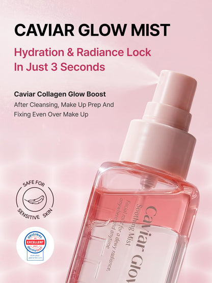 Delere Caviar Glow Soothing Mist | Korean Glass Skin Spray Serum with 5% Caviar & Squalane - Instant 3-Second Radiance & Makeup Setting – Anti-Aging Collagen Booster for Sensitive Skin, 3.4oz - dailyvitalstore