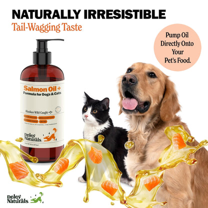 Deley Naturals Wild Alaskan Salmon Oil for Dogs & Cats - New and Improved Salmon Oil Plus Formula - Fish Oil for Dogs with Omega 3, DHA and EPA - Omega 3 for Healthy Skin and Coat - 16oz Made in USA - dailyvitalstore