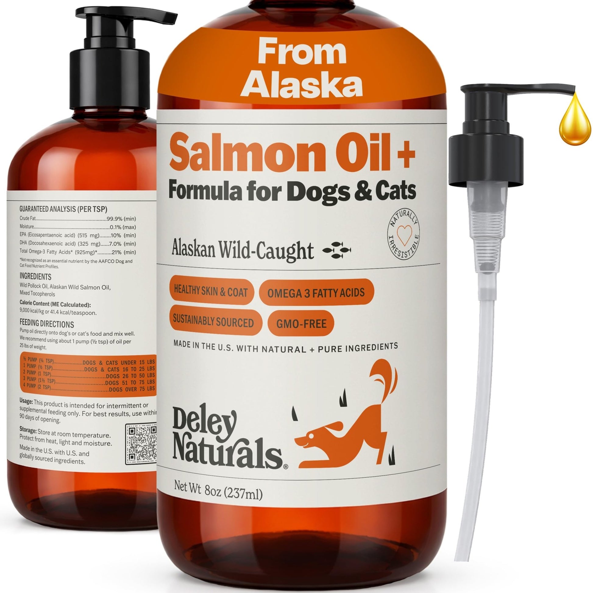 Deley Naturals Wild Alaskan Salmon Oil for Dogs & Cats - New and Improved Salmon Oil Plus Formula - Fish Oil for Dogs with Omega 3, DHA and EPA - Omega 3 for Healthy Skin and Coat - 8oz Made in USA - dailyvitalstore