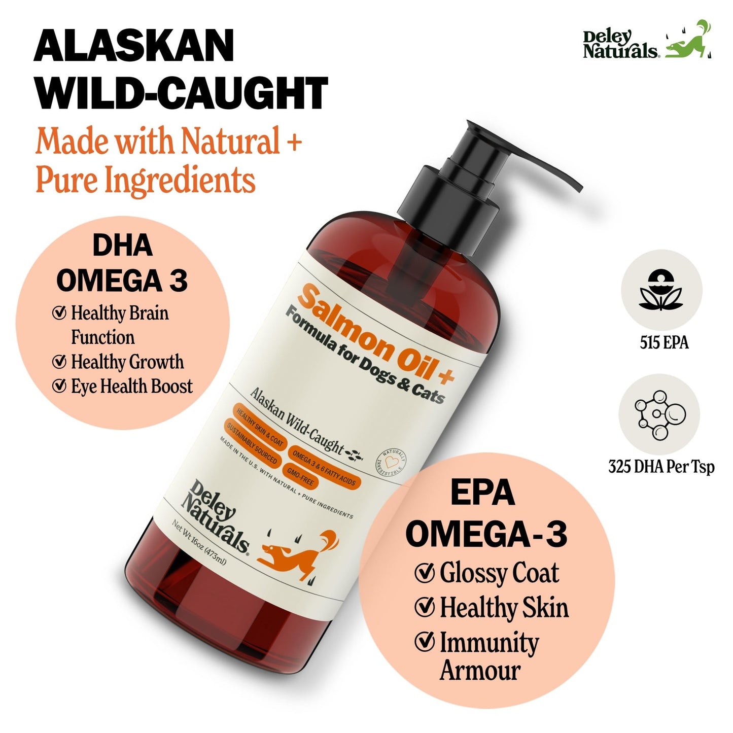Deley Naturals Wild Alaskan Salmon Oil for Dogs & Cats - New and Improved Salmon Oil Plus Formula - Fish Oil for Dogs with Omega 3, DHA and EPA - Omega 3 for Healthy Skin and Coat - 16oz Made in USA - dailyvitalstore