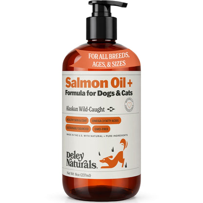 Deley Naturals Wild Alaskan Salmon Oil for Dogs & Cats - New and Improved Salmon Oil Plus Formula - Fish Oil for Dogs with Omega 3, DHA and EPA - Omega 3 for Healthy Skin and Coat - 8oz Made in USA - dailyvitalstore