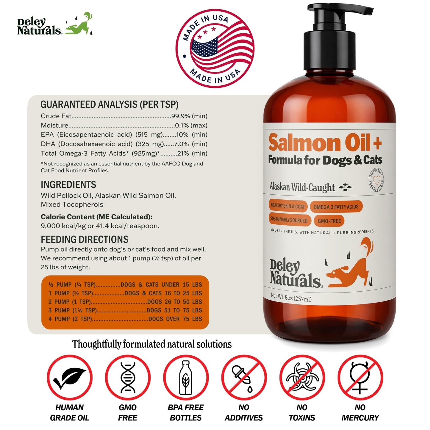 Deley Naturals Wild Alaskan Salmon Oil for Dogs & Cats - New and Improved Salmon Oil Plus Formula - Fish Oil for Dogs with Omega 3, DHA and EPA - Omega 3 for Healthy Skin and Coat - 8oz Made in USA - dailyvitalstore