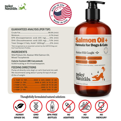 Deley Naturals Wild Alaskan Salmon Oil for Dogs & Cats - New and Improved Salmon Oil Plus Formula - Fish Oil for Dogs with Omega 3, DHA and EPA - Omega 3 for Healthy Skin and Coat - 8oz Made in USA - dailyvitalstore