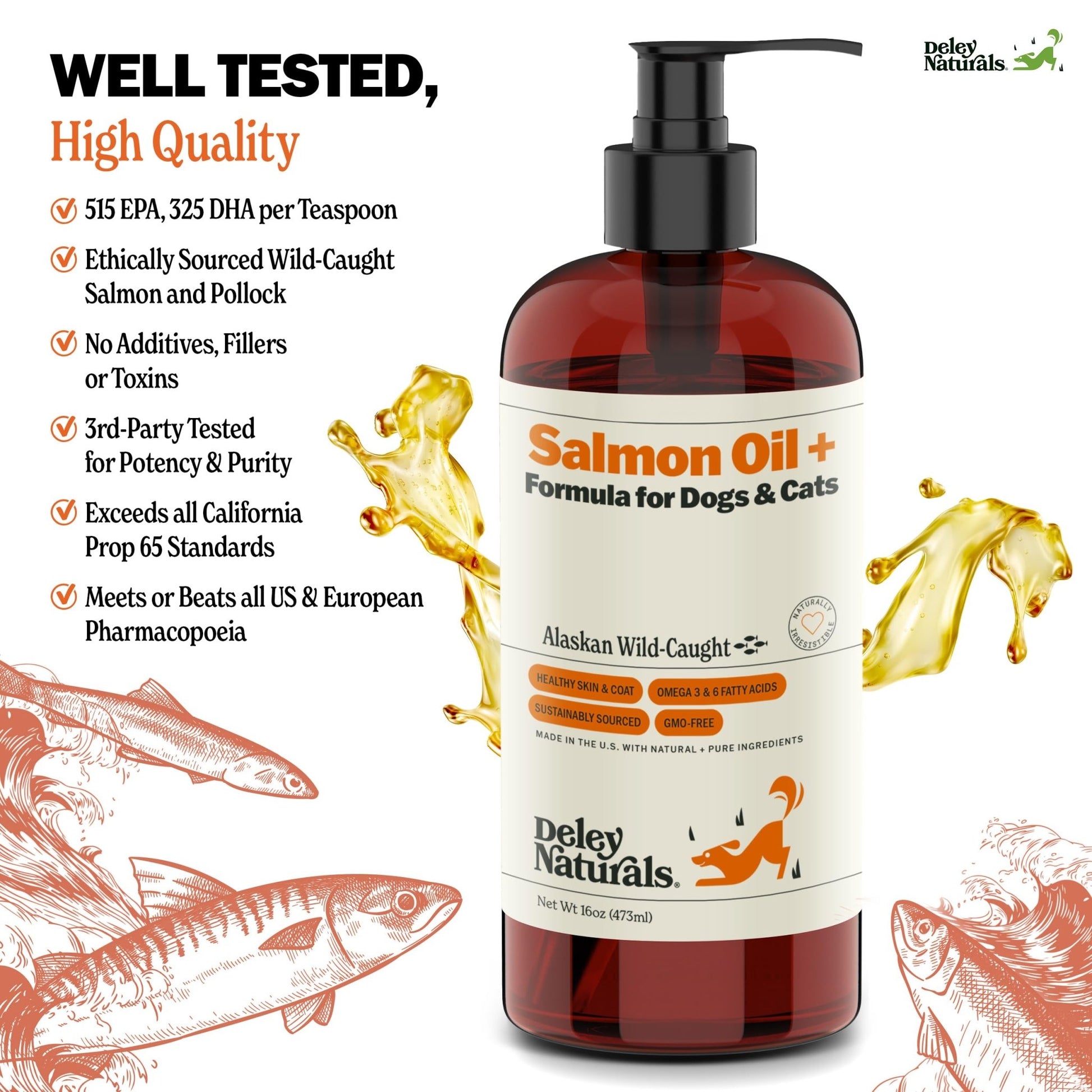 Deley Naturals Wild Alaskan Salmon Oil for Dogs & Cats - New and Improved Salmon Oil Plus Formula - Fish Oil for Dogs with Omega 3, DHA and EPA - Omega 3 for Healthy Skin and Coat - 16oz Made in USA - dailyvitalstore