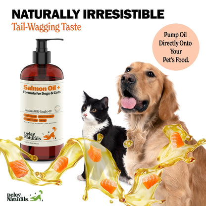 Deley Naturals Wild Alaskan Salmon Oil for Dogs & Cats - New and Improved Salmon Oil Plus Formula - Fish Oil for Dogs with Omega 3, DHA and EPA - Omega 3 for Healthy Skin and Coat - 32oz Made in USA - dailyvitalstore