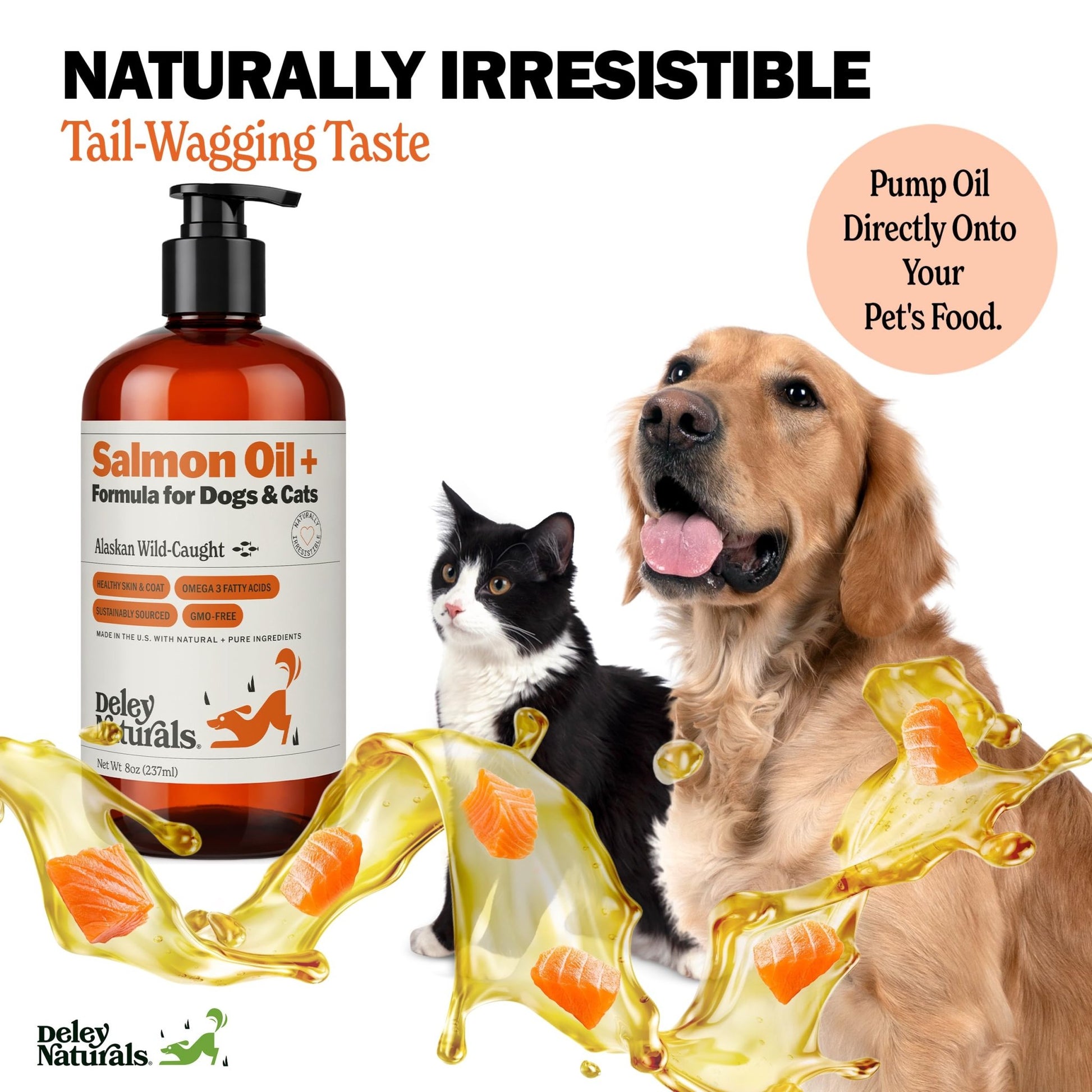 Deley Naturals Wild Alaskan Salmon Oil for Dogs & Cats - New and Improved Salmon Oil Plus Formula - Fish Oil for Dogs with Omega 3, DHA and EPA - Omega 3 for Healthy Skin and Coat - 8oz Made in USA - dailyvitalstore