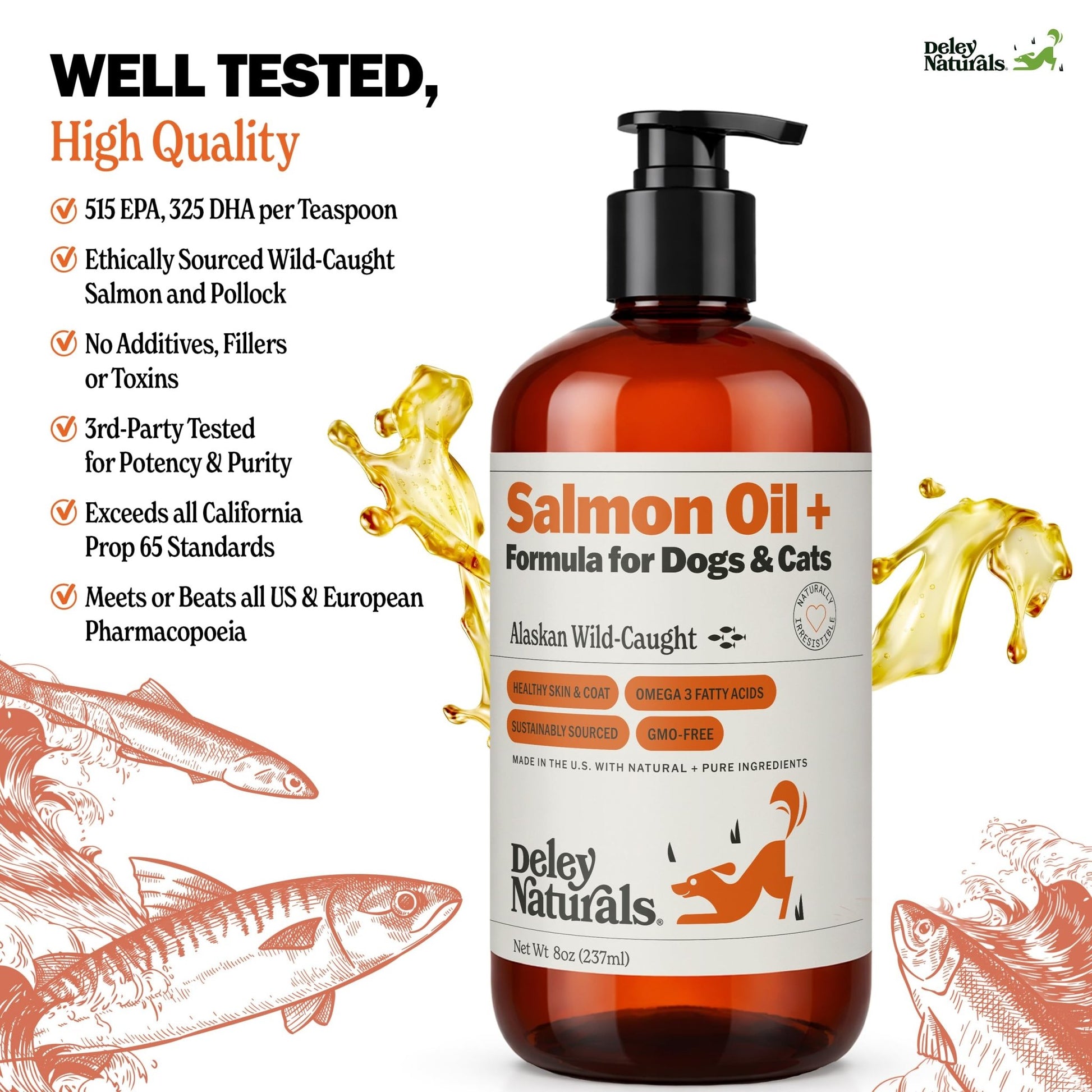 Deley Naturals Wild Alaskan Salmon Oil for Dogs & Cats - New and Improved Salmon Oil Plus Formula - Fish Oil for Dogs with Omega 3, DHA and EPA - Omega 3 for Healthy Skin and Coat - 8oz Made in USA - dailyvitalstore