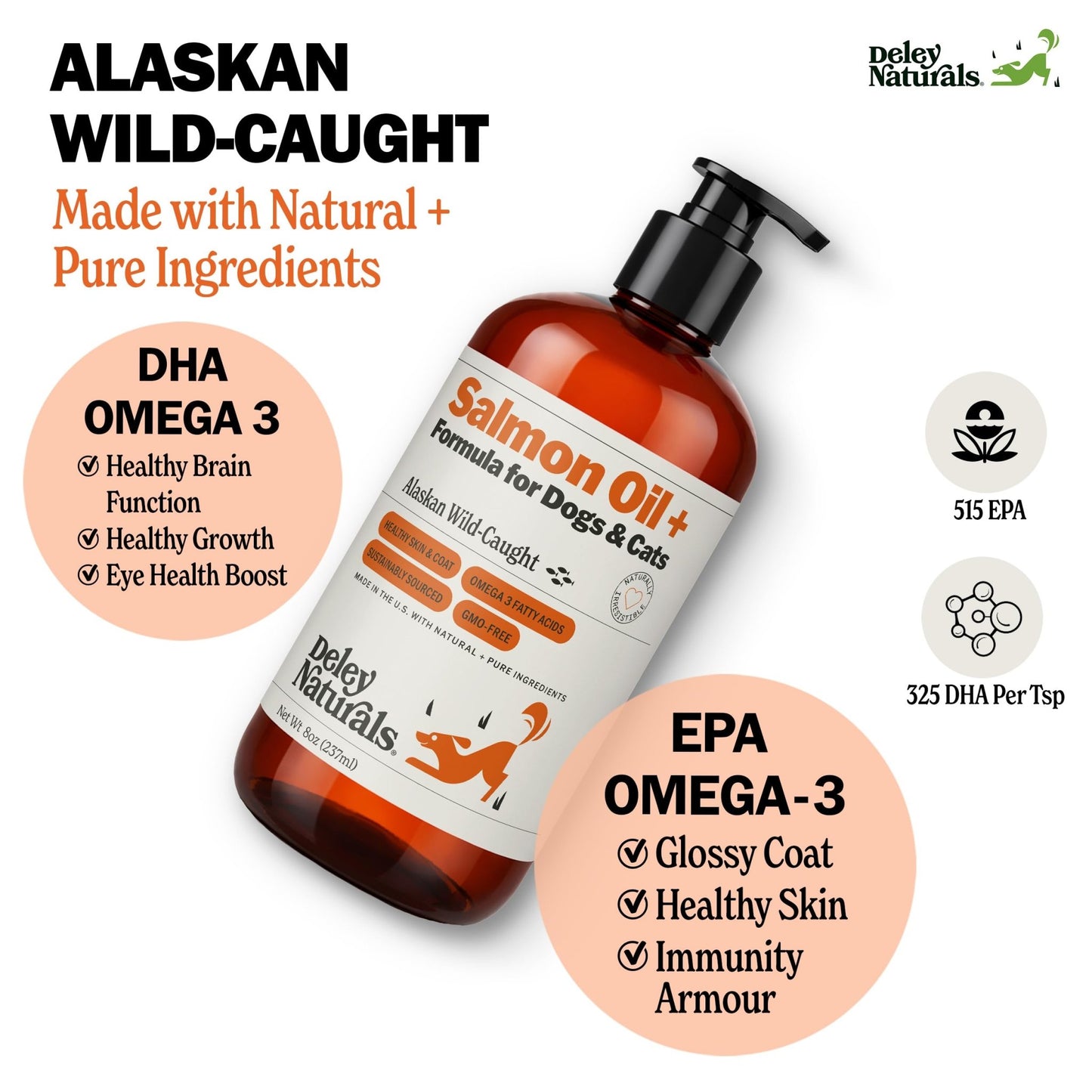 Deley Naturals Wild Alaskan Salmon Oil for Dogs & Cats - New and Improved Salmon Oil Plus Formula - Fish Oil for Dogs with Omega 3, DHA and EPA - Omega 3 for Healthy Skin and Coat - 8oz Made in USA - dailyvitalstore