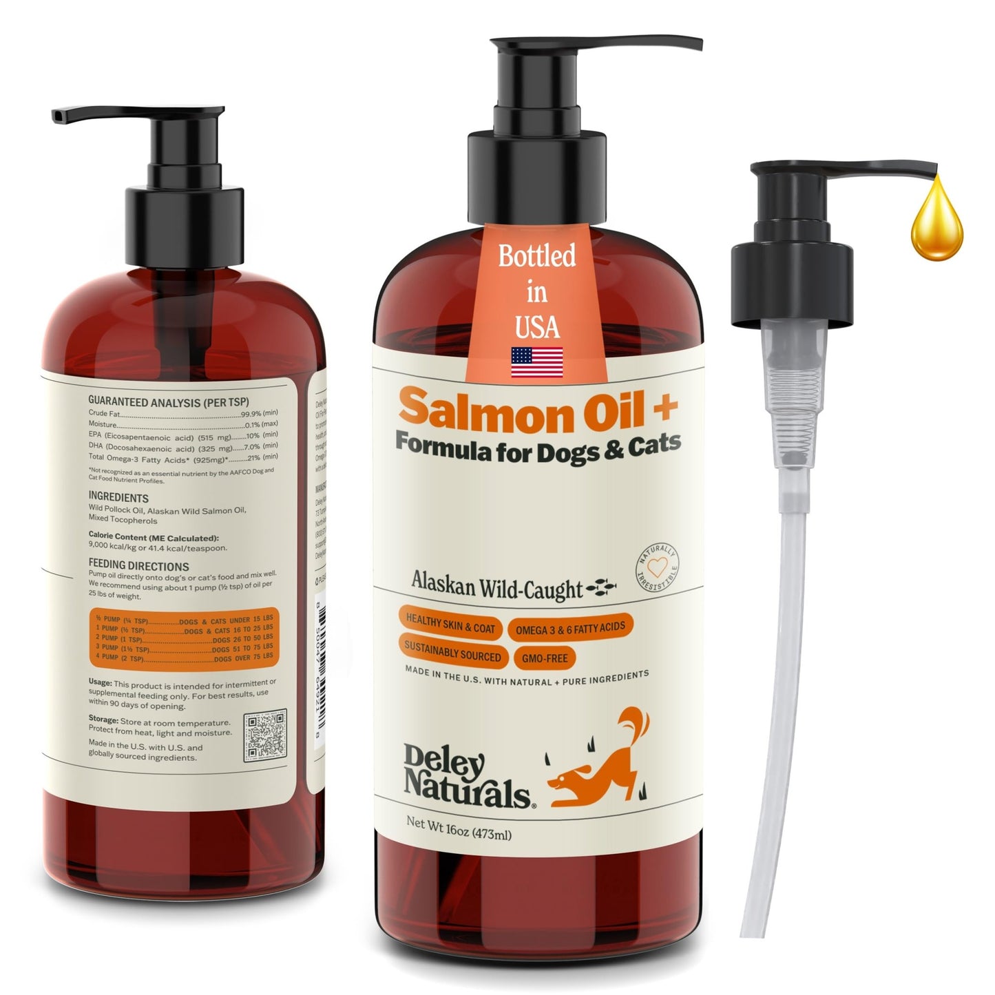 Deley Naturals Wild Alaskan Salmon Oil for Dogs & Cats - New and Improved Salmon Oil Plus Formula - Fish Oil for Dogs with Omega 3, DHA and EPA - Omega 3 for Healthy Skin and Coat - 16oz Made in USA - dailyvitalstore