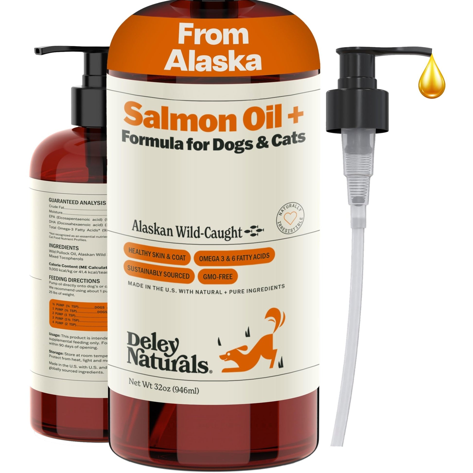 Deley Naturals Wild Alaskan Salmon Oil for Dogs & Cats - New and Improved Salmon Oil Plus Formula - Fish Oil for Dogs with Omega 3, DHA and EPA - Omega 3 for Healthy Skin and Coat - 32oz Made in USA - dailyvitalstore