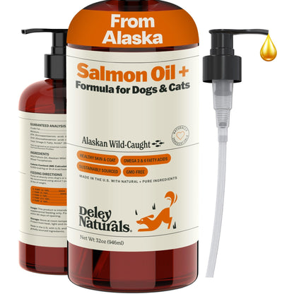 Deley Naturals Wild Alaskan Salmon Oil for Dogs & Cats - New and Improved Salmon Oil Plus Formula - Fish Oil for Dogs with Omega 3, DHA and EPA - Omega 3 for Healthy Skin and Coat - 32oz Made in USA - dailyvitalstore