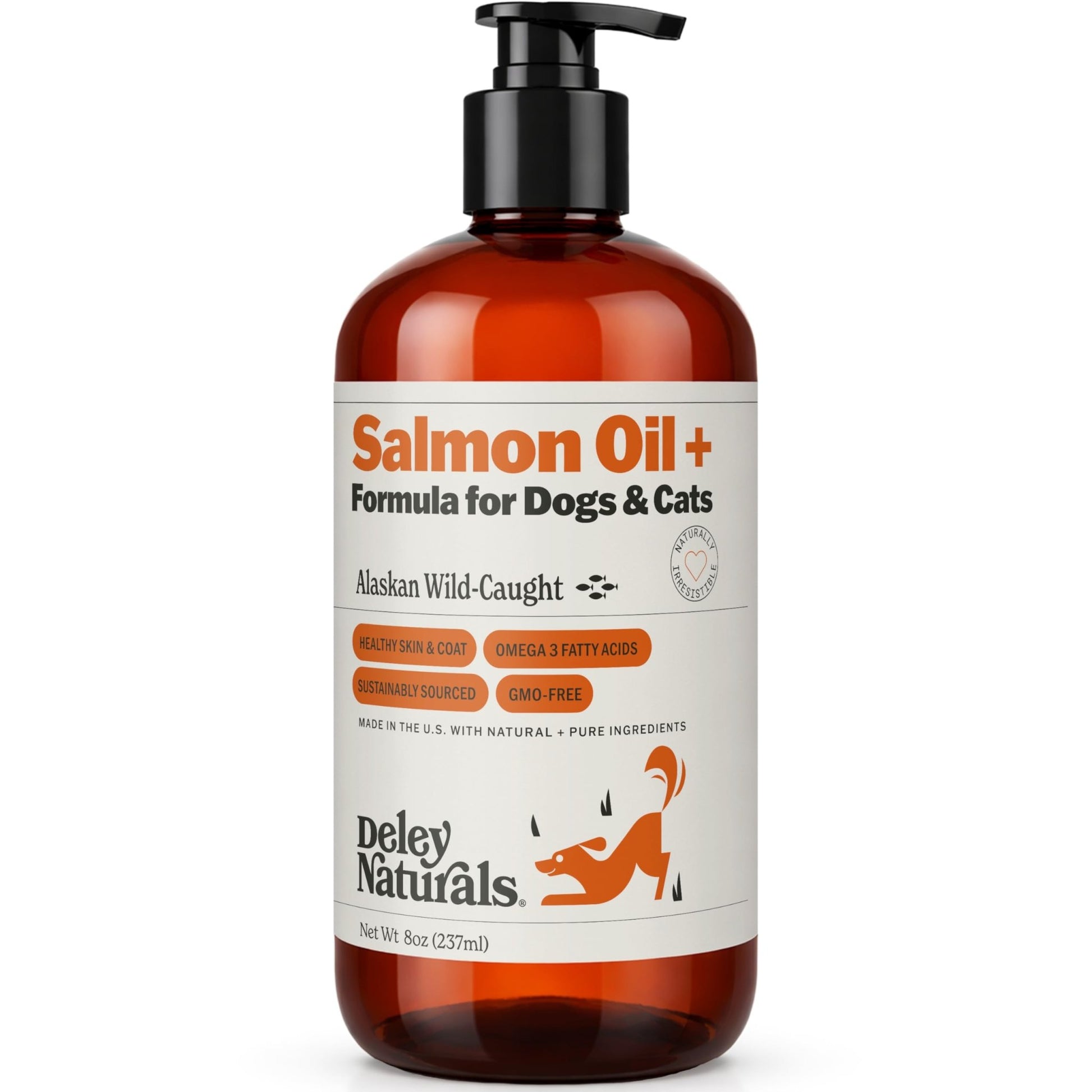 Deley Naturals Wild Alaskan Salmon Oil for Dogs & Cats - New and Improved Salmon Oil Plus Formula - Fish Oil for Dogs with Omega 3, DHA and EPA - Omega 3 for Healthy Skin and Coat - 8oz Made in USA - dailyvitalstore