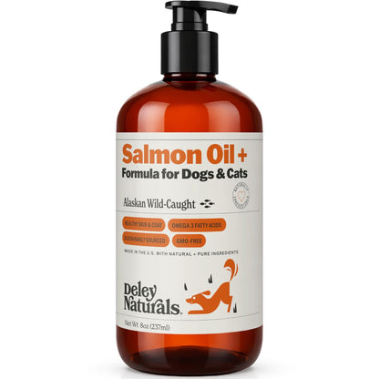Deley Naturals Wild Alaskan Salmon Oil for Dogs & Cats - New and Improved Salmon Oil Plus Formula - Fish Oil for Dogs with Omega 3, DHA and EPA - Omega 3 for Healthy Skin and Coat - 8oz Made in USA - dailyvitalstore
