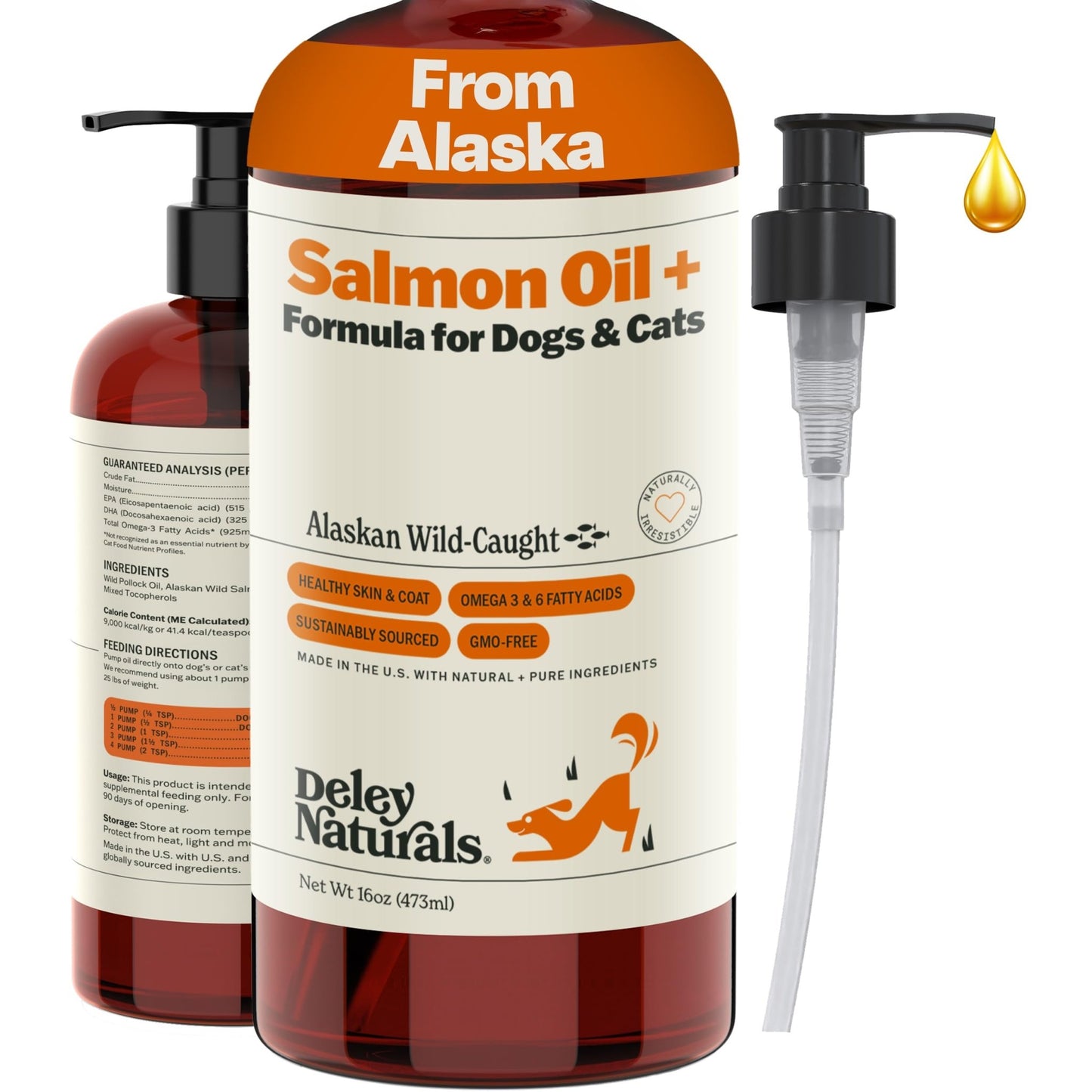 Deley Naturals Wild Alaskan Salmon Oil for Dogs & Cats - New and Improved Salmon Oil Plus Formula - Fish Oil for Dogs with Omega 3, DHA and EPA - Omega 3 for Healthy Skin and Coat - 16oz Made in USA - dailyvitalstore