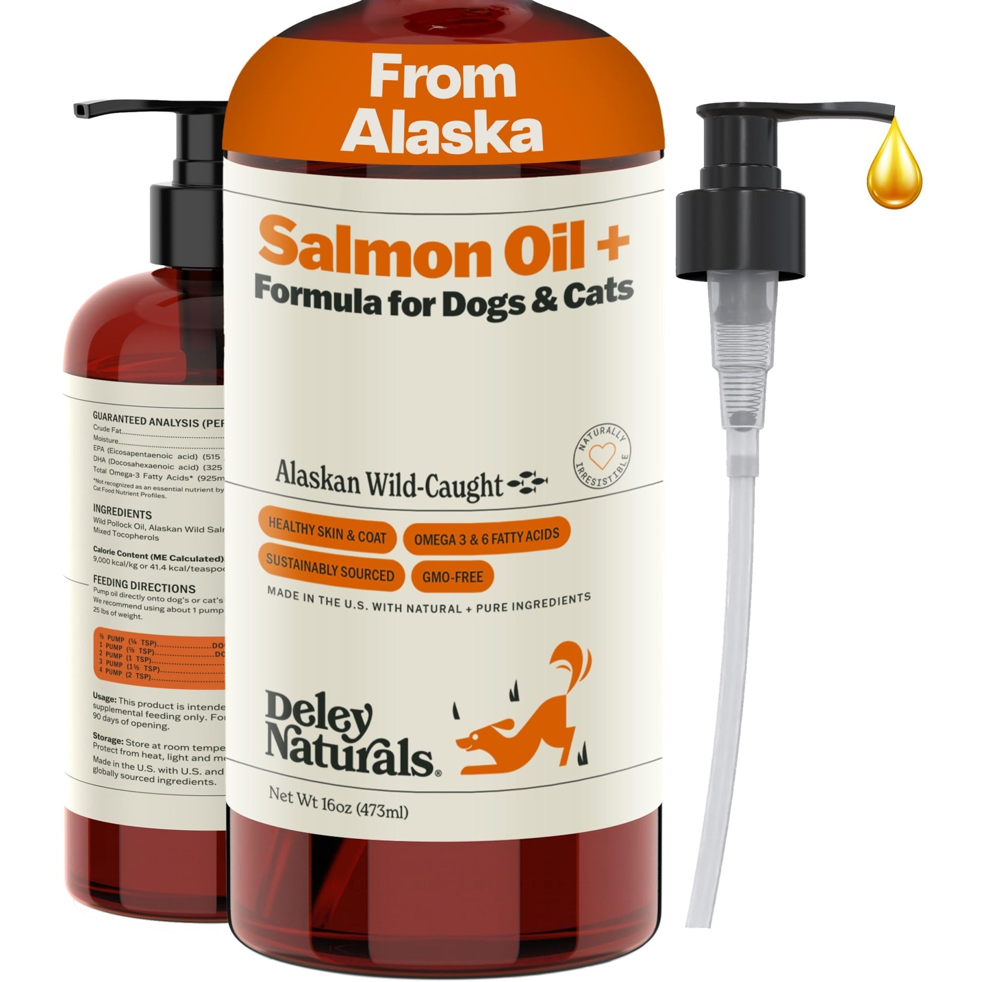 Deley Naturals Wild Alaskan Salmon Oil for Dogs & Cats - New and Improved Salmon Oil Plus Formula - Fish Oil for Dogs with Omega 3, DHA and EPA - Omega 3 for Healthy Skin and Coat - 16oz Made in USA - dailyvitalstore
