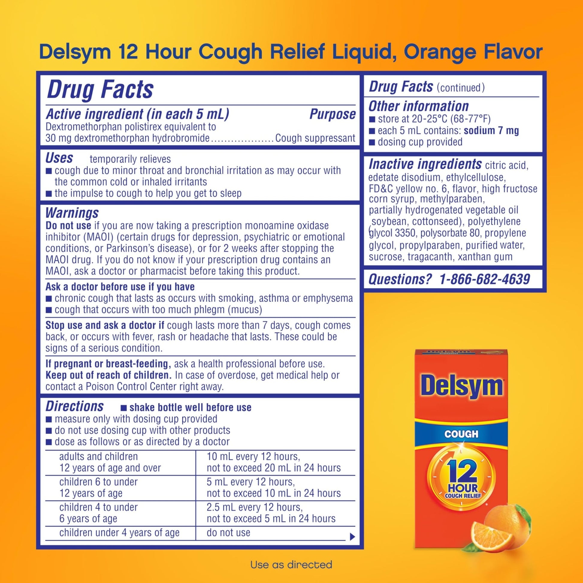 Delsym 12 Hour Cough Medicine for Adults, Powerful Relief for 12 Hours, Cough Suppressant Liquid with Extended-Release Dextromethorphan, Orange Flavor Liquid Cough Syrup, 5 Fl Oz (Pack of 1) - dailyvitalstore