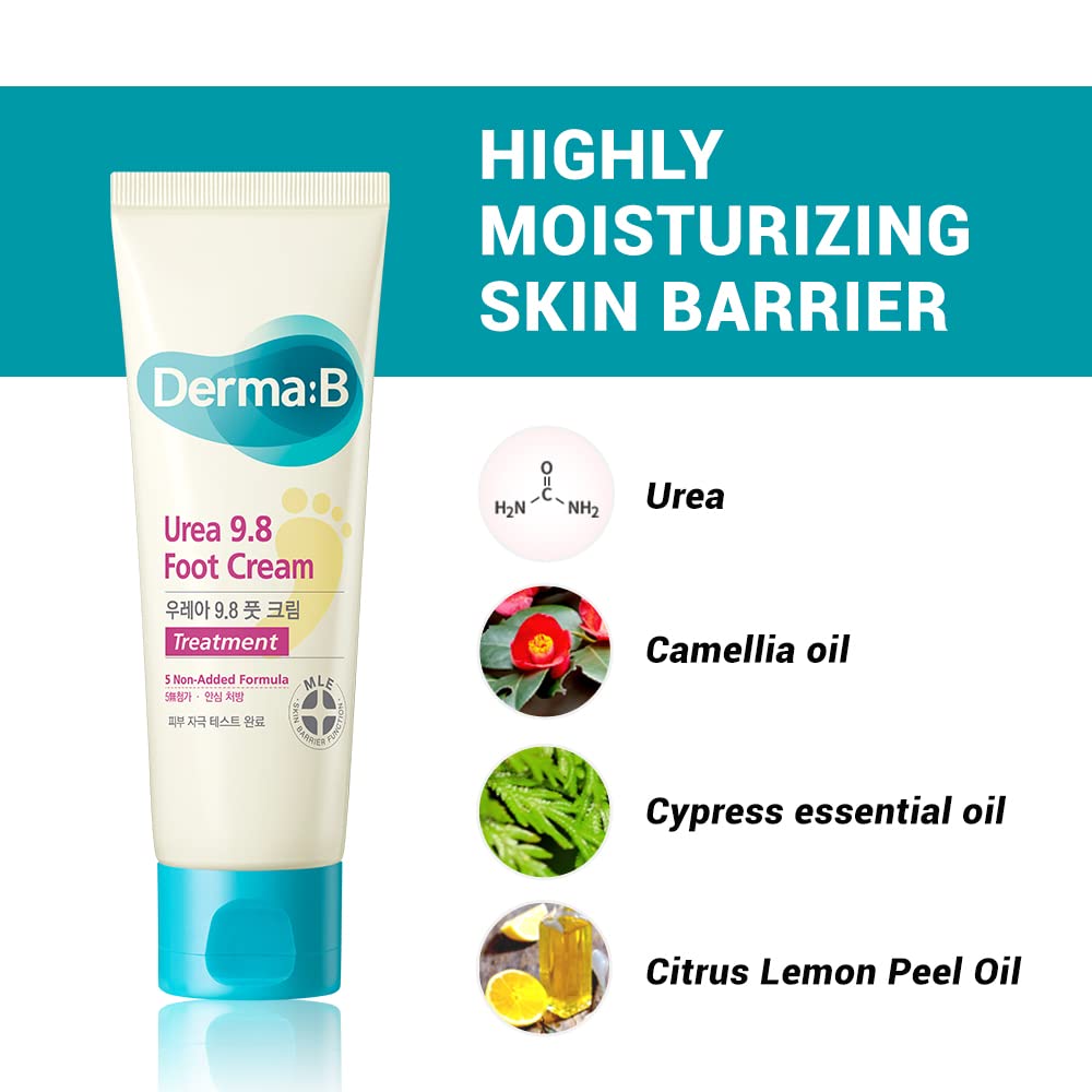 Derma B | Urea 9.8% Foot Cream | Foot Lotion for Dry Cracked Heel Treatment | Camellia Oil, Urea Cream for Feet | Hypoallergenic Leg Cream for Sensitive Skin | Woody Scent Foot Care | 2.7 fl oz (80ml) - dailyvitalstore