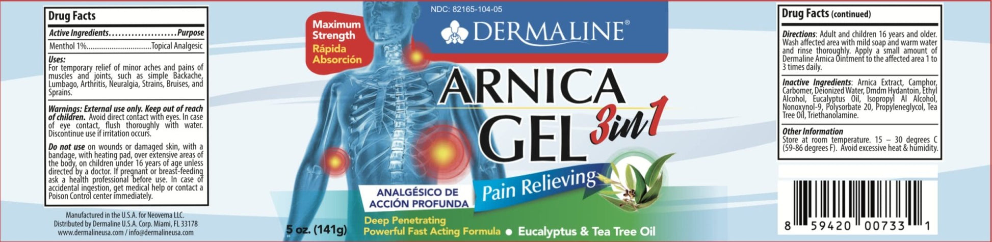 DERMALINE Arnica 3 in 1 Gel, Eucalyptus, Tea Tree Oil, Vitamin E - Fast Acting and Absorbing, Pain Relief - dailyvitalstore
