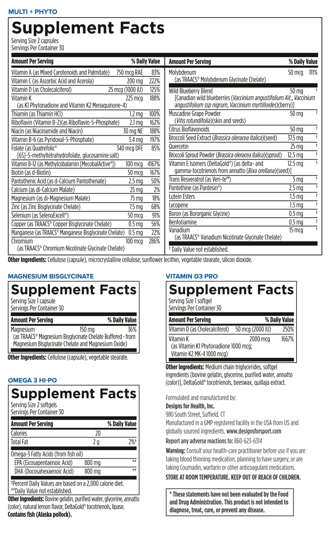 Designs for Sport Vitamin Packs - NSF Certified for Sport Power Pack with Daily Multivitamin, Fish Oil Omega-3, Magnesium Glycinate & Vitamin D3 + K - Athlete's Supplement Stack (30 Packets) - dailyvitalstore
