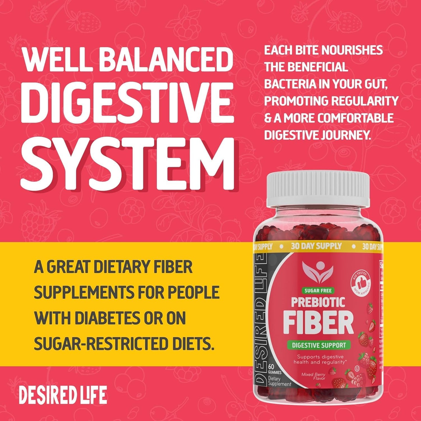 Desired Life Prebiotic Fiber Gummies for Adults and Kids – 4g Sugar Free Natural Berry Flavored Gummies - Supports Digestive Health - dailyvitalstore