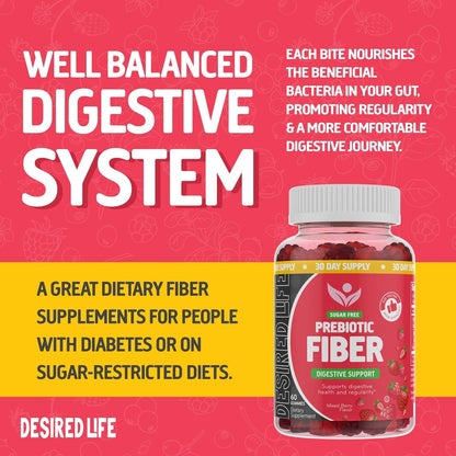 Desired Life Prebiotic Fiber Gummies for Adults and Kids – 4g Sugar Free Natural Berry Flavored Gummies - Supports Digestive Health - dailyvitalstore