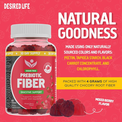 Desired Life Prebiotic Fiber Gummies for Adults and Kids – 4g Sugar Free Natural Berry Flavored Gummies - Supports Digestive Health - dailyvitalstore