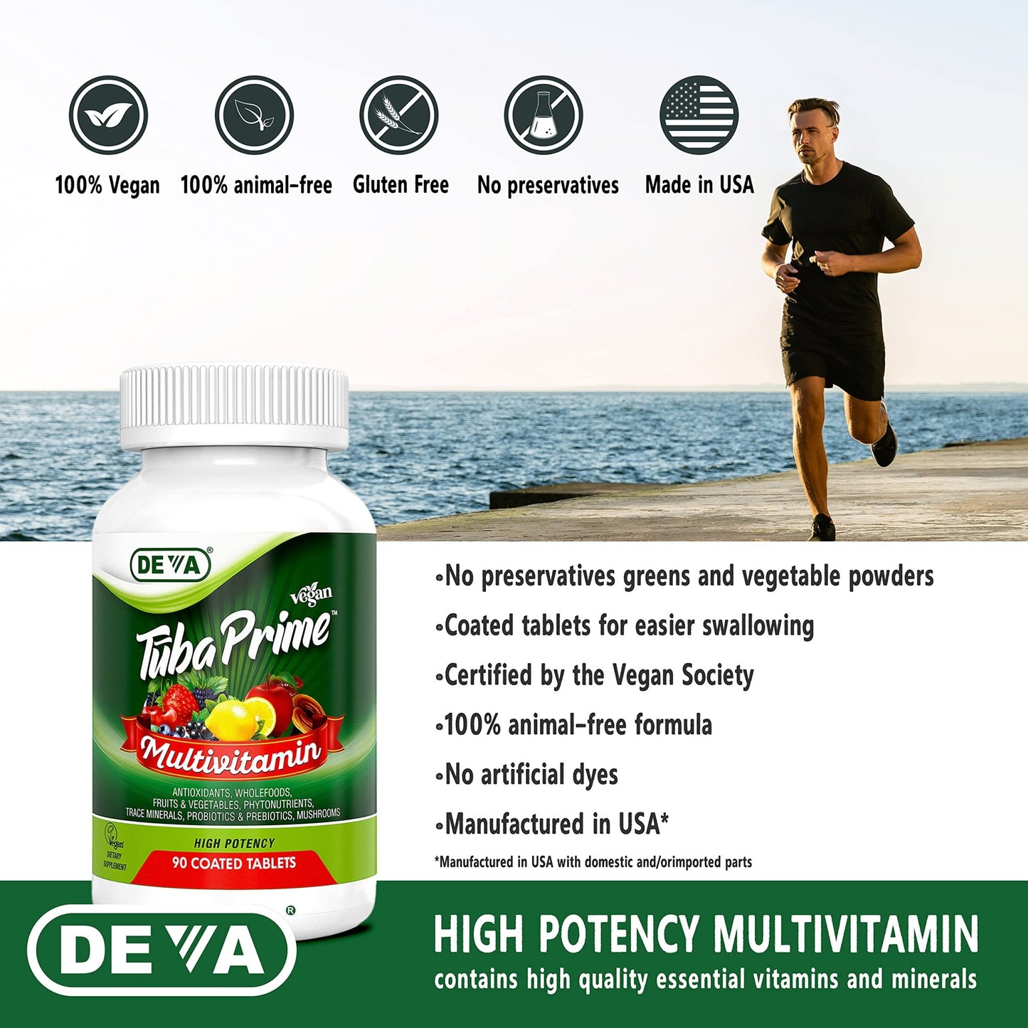 DEVA Tuba Prime Vegan Multivitamin - High-Potency Vitamin and Mineral Dietary Supplement - Antioxidants, Fruit and Vegetable Blend, Super Mushrooms, Probiotics, Prebiotics, Seeds, Herbs - 90 Tablets - dailyvitalstore