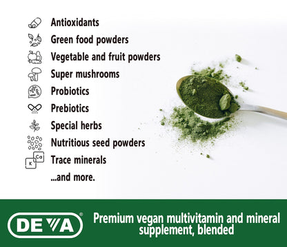 DEVA Tuba Prime Vegan Multivitamin - High-Potency Vitamin and Mineral Dietary Supplement - Antioxidants, Fruit and Vegetable Blend, Super Mushrooms, Probiotics, Prebiotics, Seeds, Herbs - 90 Tablets - dailyvitalstore