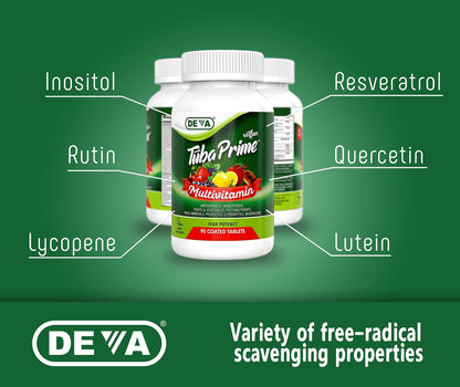 DEVA Tuba Prime Vegan Multivitamin - High-Potency Vitamin and Mineral Dietary Supplement - Antioxidants, Fruit and Vegetable Blend, Super Mushrooms, Probiotics, Prebiotics, Seeds, Herbs - 90 Tablets - dailyvitalstore